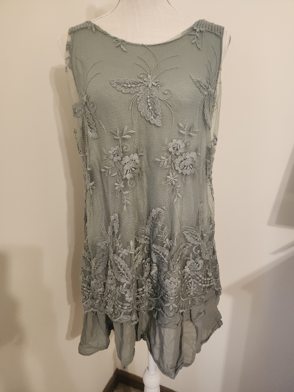 Embroidered Sleeveless Sheer Drese in Sage Green